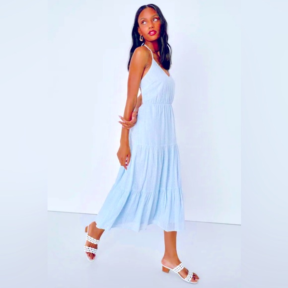 Dresses & Skirts - Lulu's Sunny Reverie Light Blue Swiss Dot Lurex Halter Midi Dress - XL - NWT